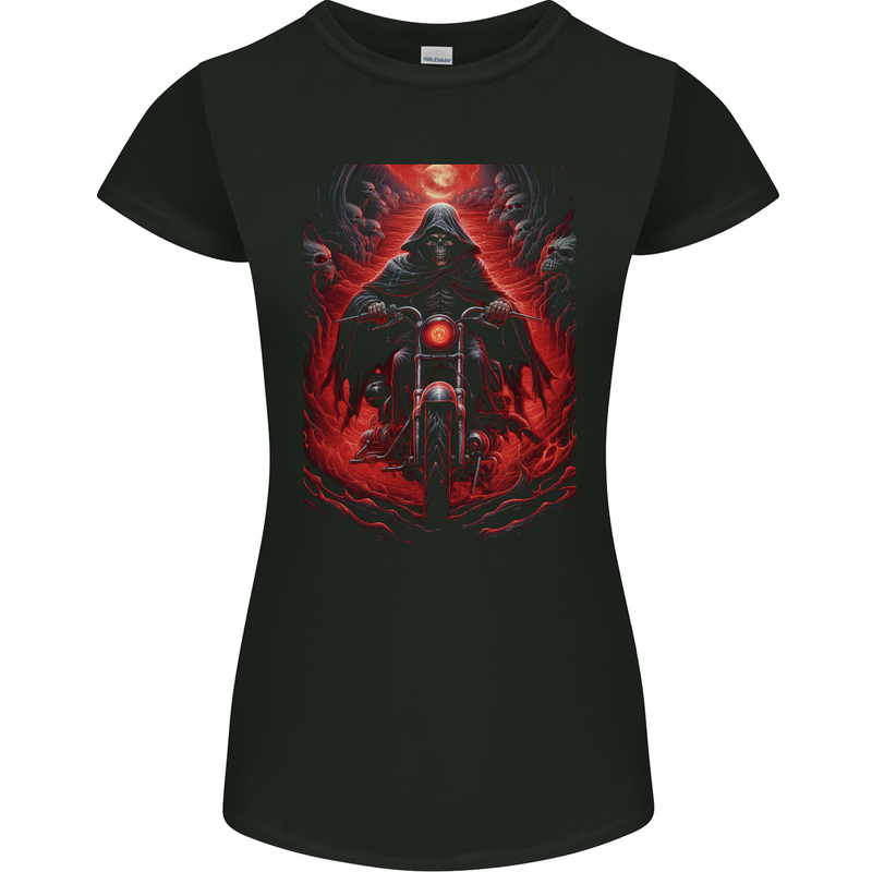 Skull Biker Motorcycle Motorbike Grim Reaper 8 Womens Petite Cut T-Shirt Black