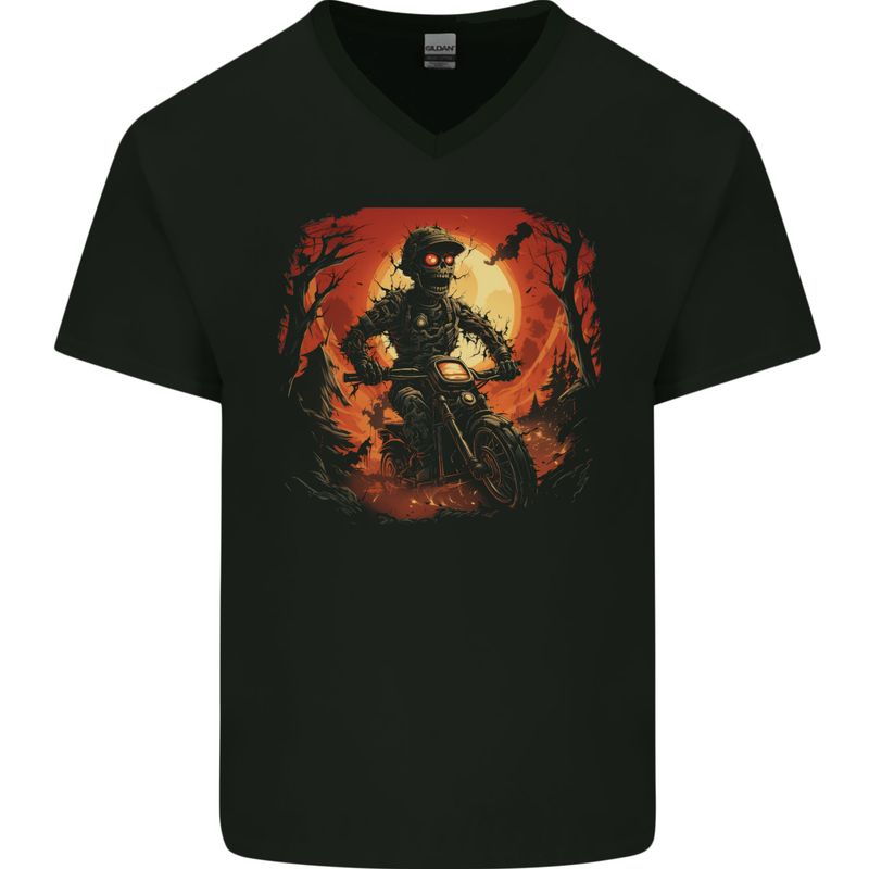 Skull Biker Motorcycle Motorbike Halloween 25 Mens V-Neck Cotton T-Shirt Black