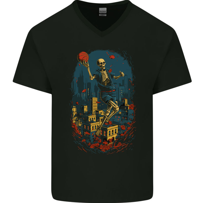 Skull Jumper Fantasy Basketball Player Mens V-Neck Cotton T-Shirt Black