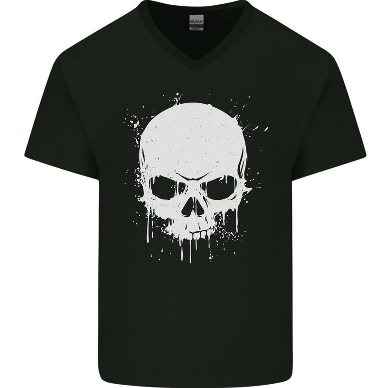 Skull Splatter Mens V-Neck Cotton T-Shirt Black