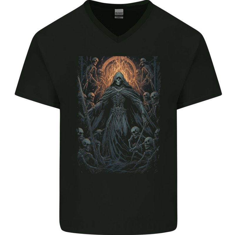 Skulls of Hell Grim Reaper Mens V-Neck Cotton T-Shirt Black
