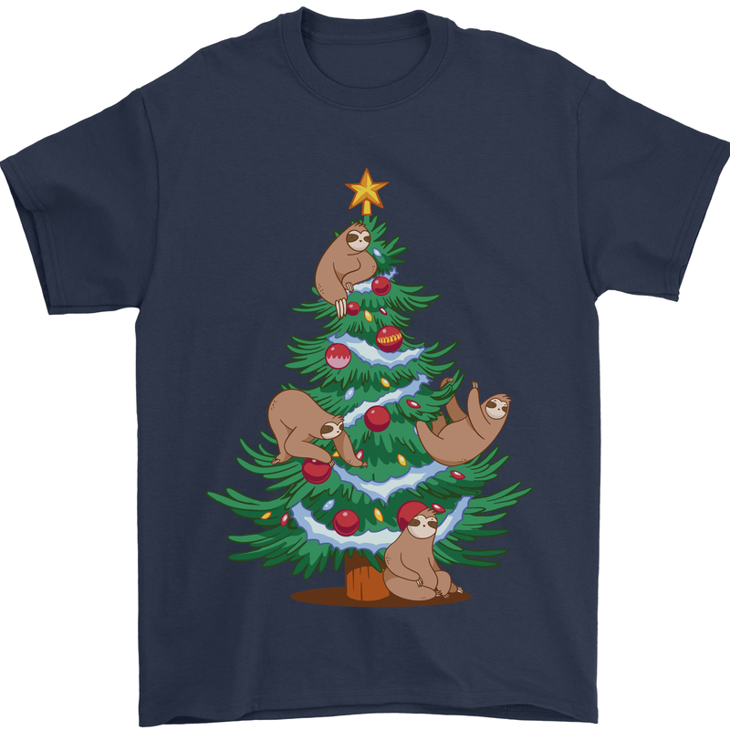 Sloth Christmas Tree Xmas Mens T-Shirt 100% Cotton Navy Blue