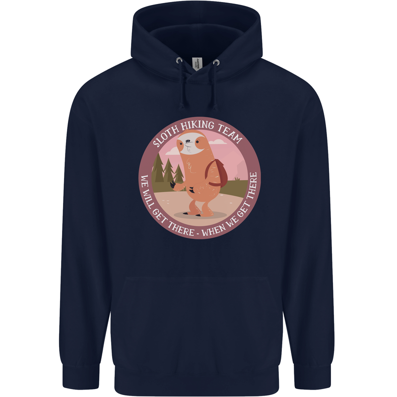 Sloth Hiking Team Funny Trekking Walking Childrens Kids Hoodie Navy Blue
