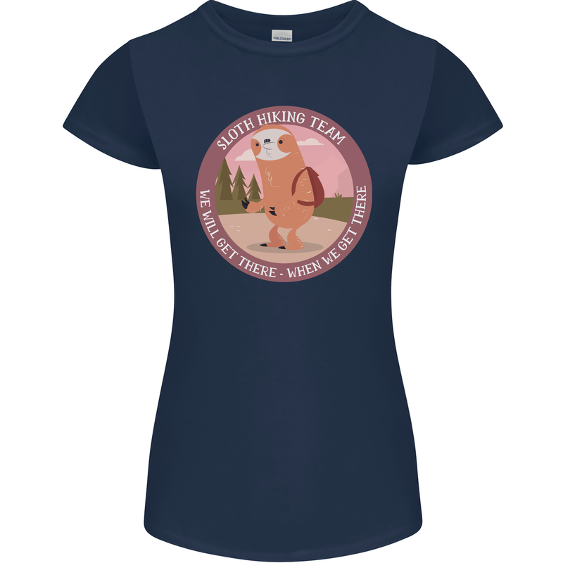 Sloth Hiking Team Funny Trekking Walking Womens Petite Cut T-Shirt Navy Blue