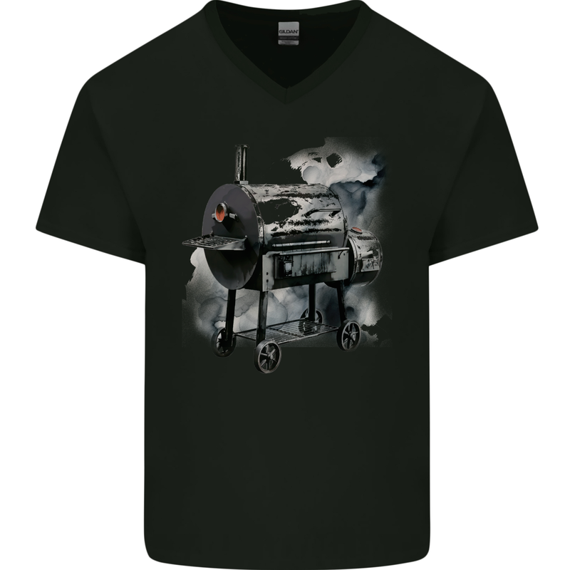 Smokey BBQ Grill Mens V-Neck Cotton T-Shirt Black