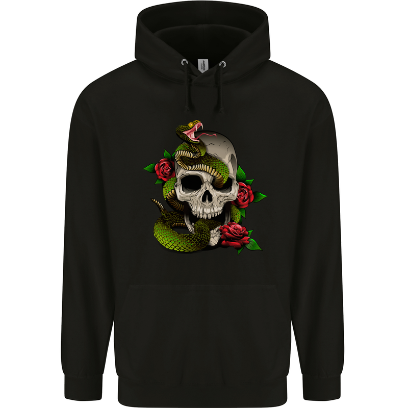 Snake Skull With Roses Tattoo Style Mens 80% Cotton Hoodie Black