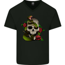 Snake Skull With Roses Tattoo Style Mens V-Neck Cotton T-Shirt Black