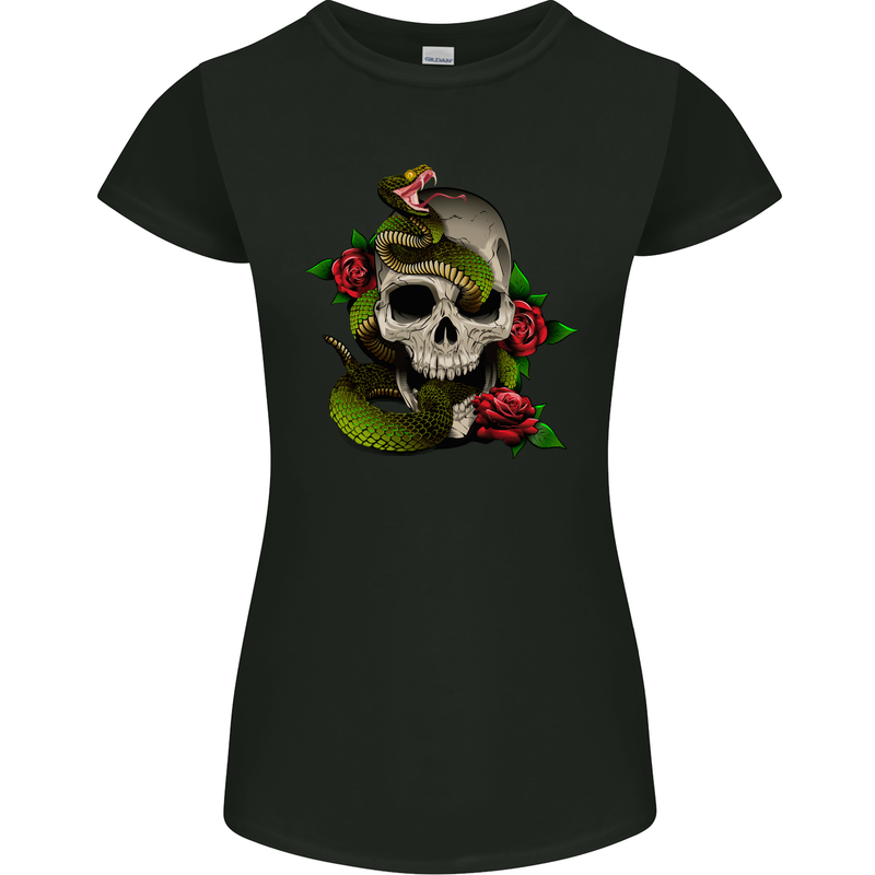 Snake Skull With Roses Tattoo Style Womens Petite Cut T-Shirt Black