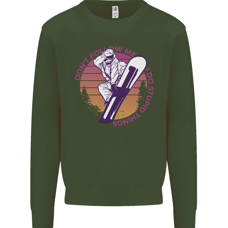 Snowboarding Funny Dont Follow Me Kids Sweatshirt Jumper Forest Green