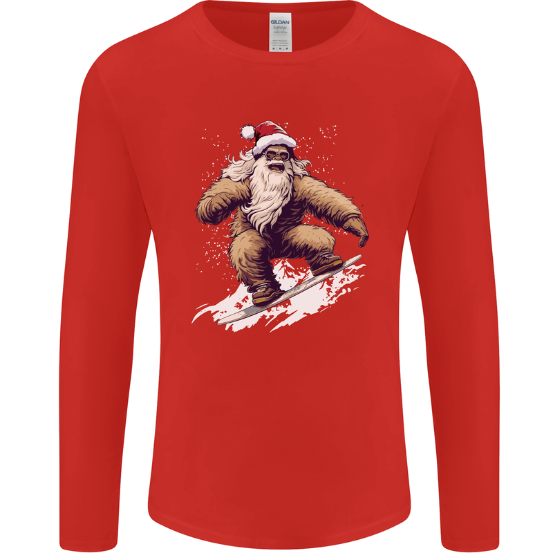 Snowboarding Yeti Christmas Bigfoot Xmas Funny Mens Long Sleeve T-Shirt Red