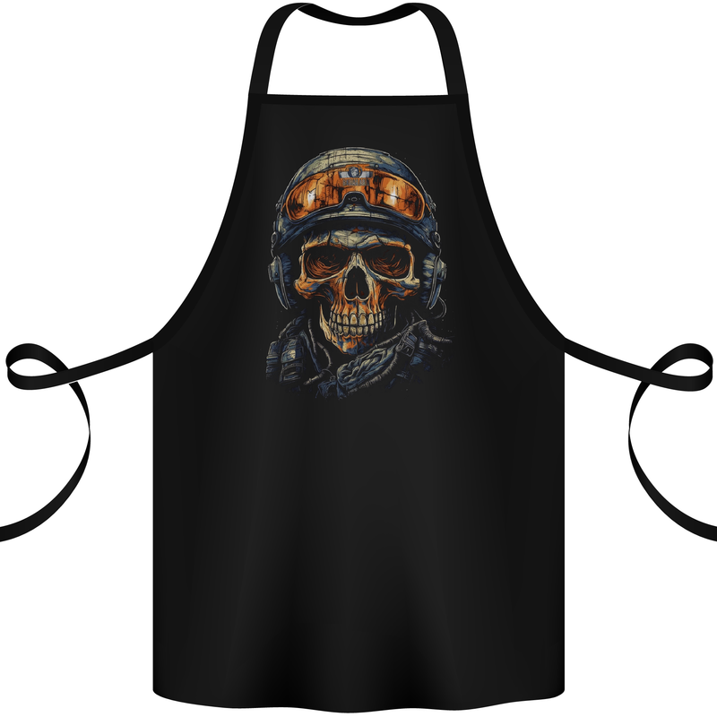 Soldier Skull With Helmet and Headphones Cotton Apron 100% Organic Black
