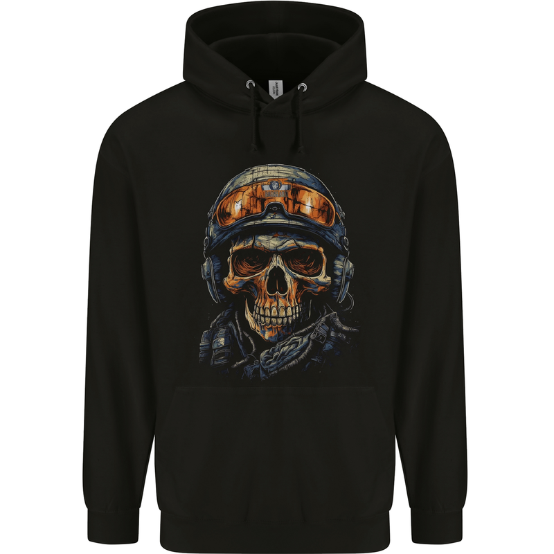 Soldier Skull With Helmet and Headphones Mens 80% Cotton Hoodie Black