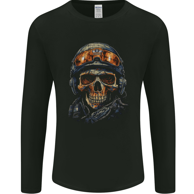 Soldier Skull With Helmet and Headphones Mens Long Sleeve T-Shirt Black