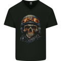 Soldier Skull With Helmet and Headphones Mens V-Neck Cotton T-Shirt Black