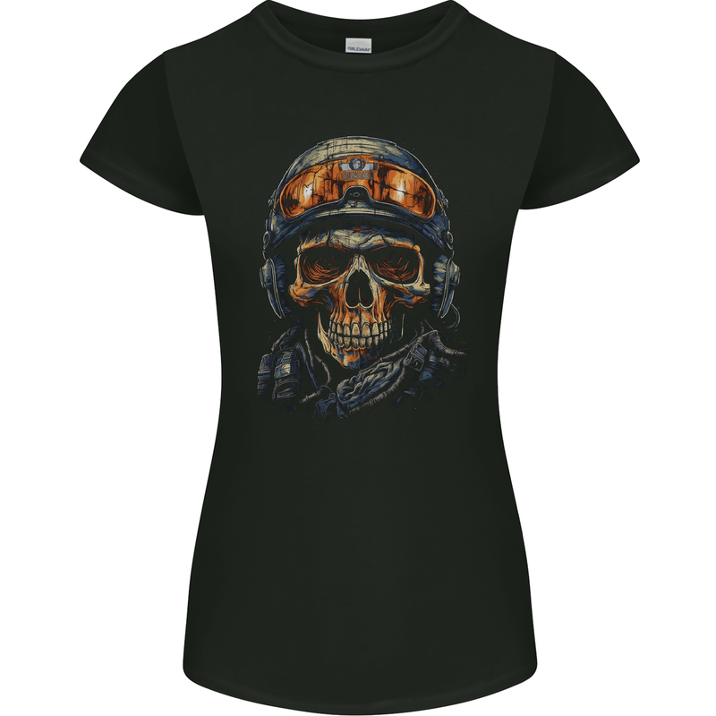 Soldier Skull With Helmet and Headphones Womens Petite Cut T-Shirt Black