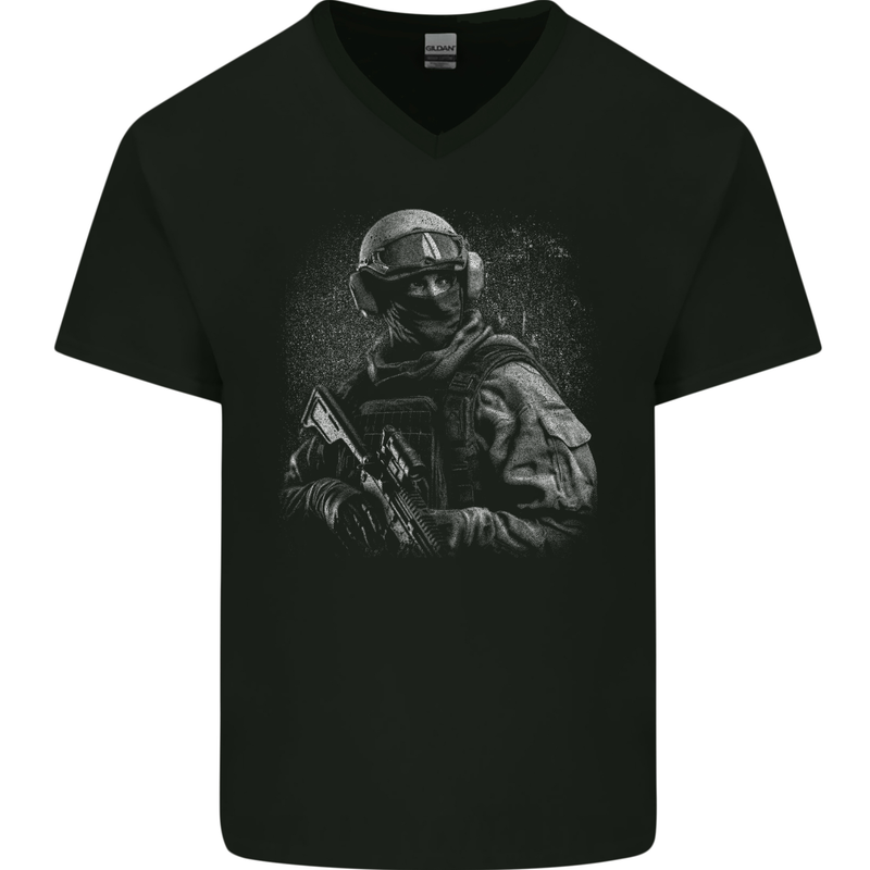 Soldier Special Forces Army Paras Marines Combat Mens V-Neck Cotton T-Shirt Black