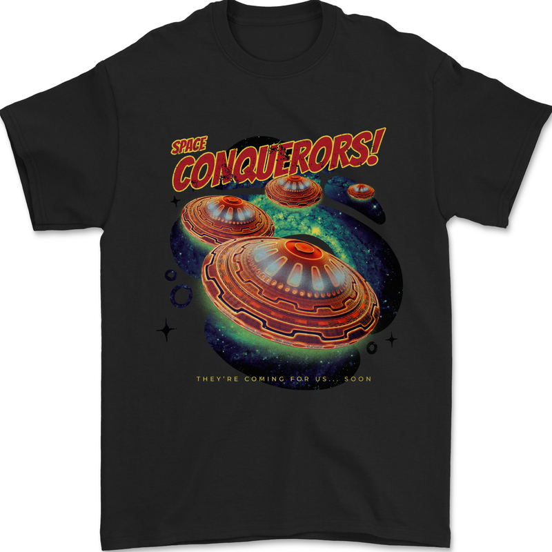 Space Conquerors Alien Flying Saucer UFO Mens T-Shirt 100% Cotton Black