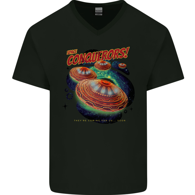 Space Conquerors Alien Flying Saucer UFO Mens V-Neck Cotton T-Shirt Black