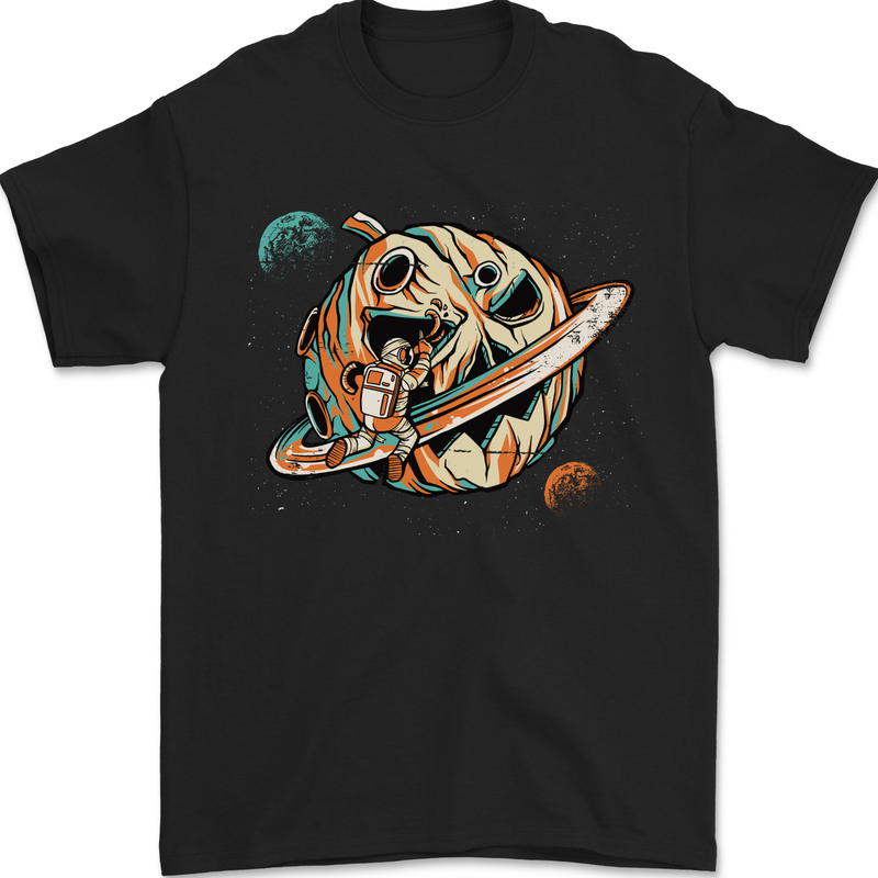 Space Halloween Pumpkin Astronaut Planet Mens T-Shirt 100% Cotton Black