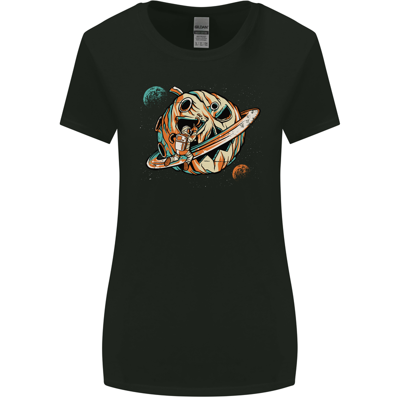 Space Halloween Pumpkin Astronaut Planet Womens Wider Cut T-Shirt Black