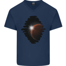 Space Planet Sun Flare Universe Mens V-Neck Cotton T-Shirt Navy Blue