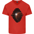 Space Planet Sun Flare Universe Mens V-Neck Cotton T-Shirt Red