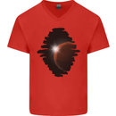 Space Planet Sun Flare Universe Mens V-Neck Cotton T-Shirt Red