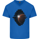 Space Planet Sun Flare Universe Mens V-Neck Cotton T-Shirt Royal Blue