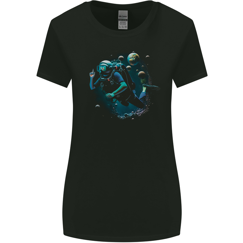 Space Scuba Diving Astronaut Diver Planets Womens Wider Cut T-Shirt Black