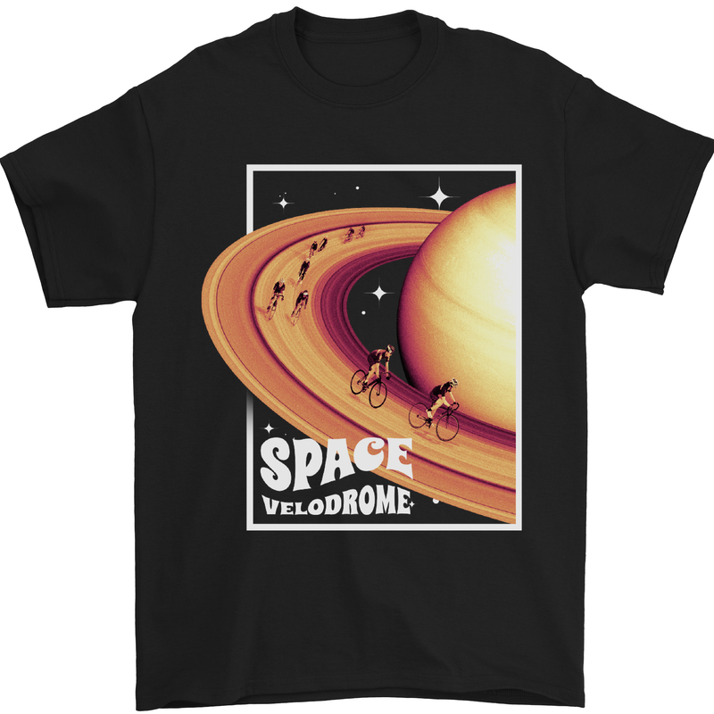 a black t - shirt with an image of a space vehicle and saturn