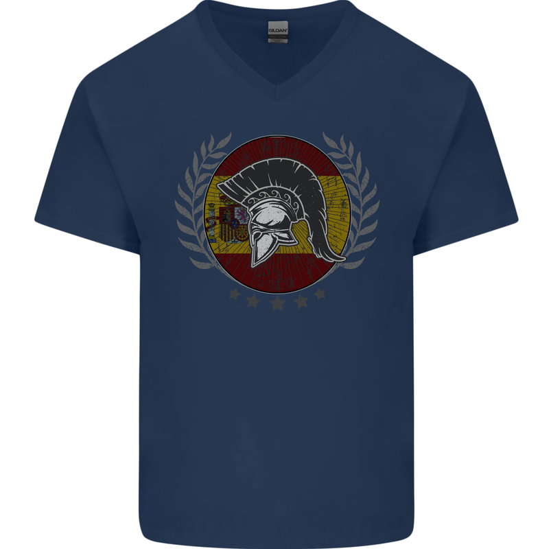 Spain Bodybuilding Flag Gym Training Spanish Mens V-Neck Cotton T-Shirt Navy Blue