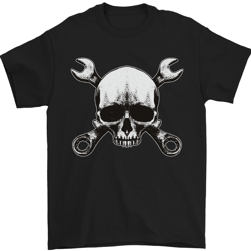 a black shirt with a skull and wrenches on it