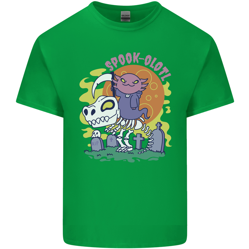 Spookolotl Funny Halloween Axolotl Grim Reaper Mens Cotton T-Shirt Tee Top Irish Green