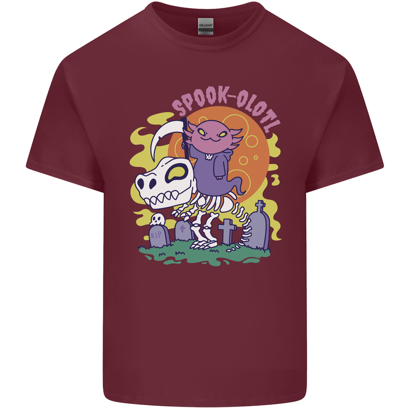 Spookolotl Funny Halloween Axolotl Grim Reaper Mens Cotton T-Shirt Tee Top Maroon