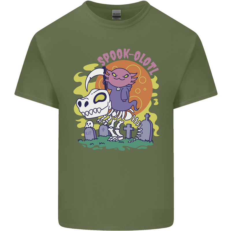 Spookolotl Funny Halloween Axolotl Grim Reaper Mens Cotton T-Shirt Tee Top Military Green