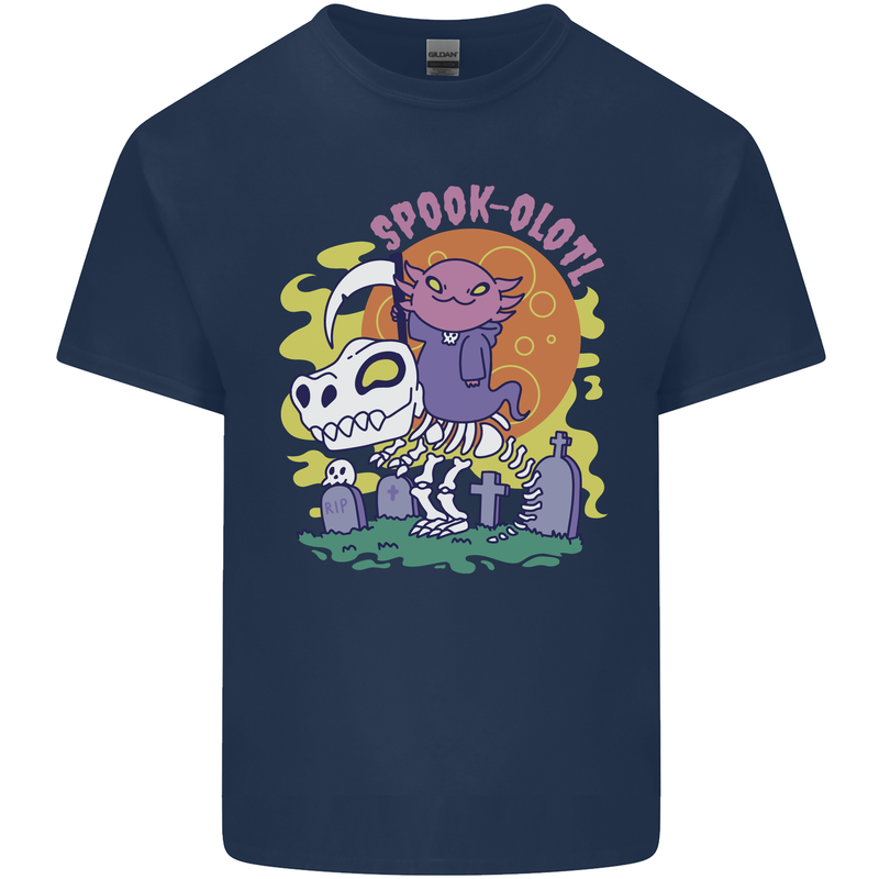Spookolotl Funny Halloween Axolotl Grim Reaper Mens Cotton T-Shirt Tee Top Navy Blue