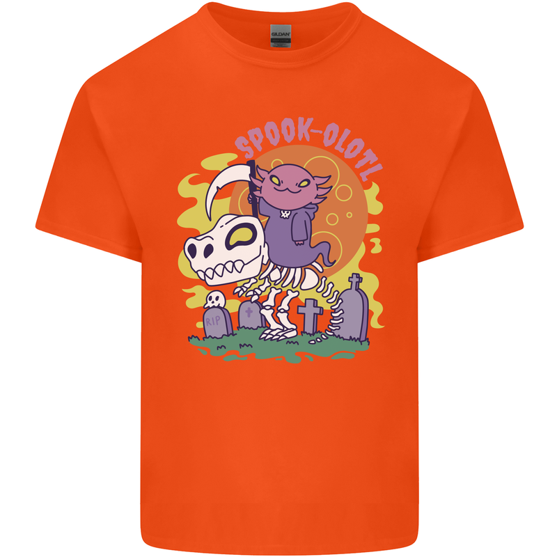 Spookolotl Funny Halloween Axolotl Grim Reaper Mens Cotton T-Shirt Tee Top Orange