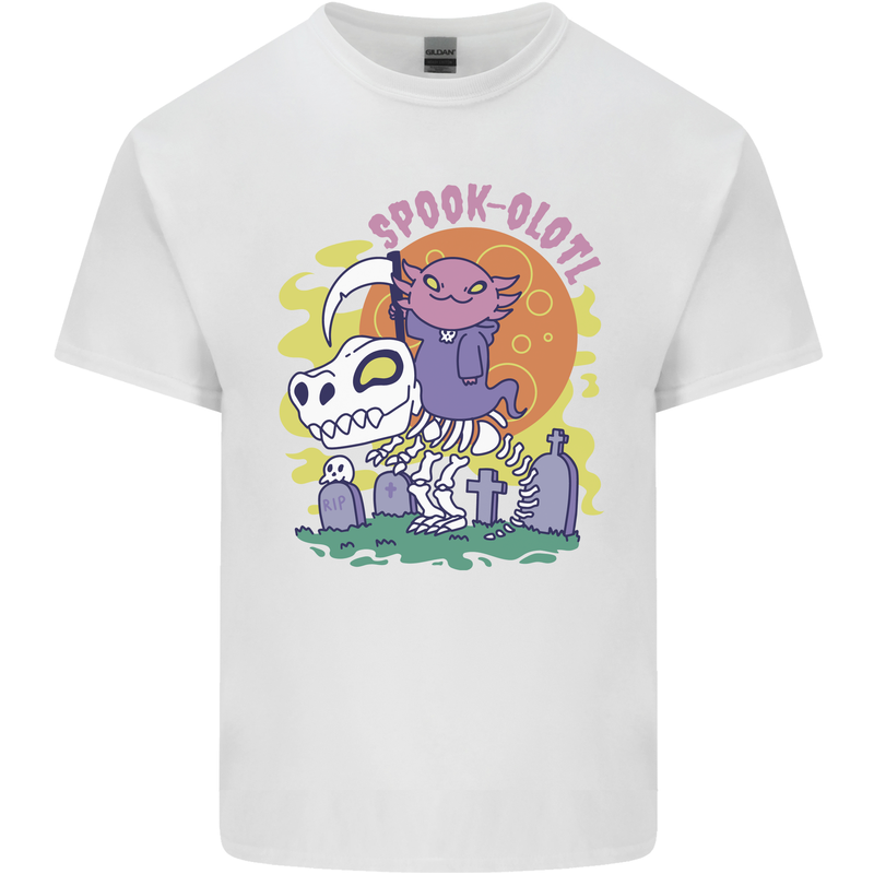Spookolotl Funny Halloween Axolotl Grim Reaper Mens Cotton T-Shirt Tee Top White