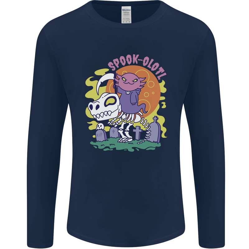 Spookolotl Funny Halloween Axolotl Grim Reaper Mens Long Sleeve T-Shirt Navy Blue