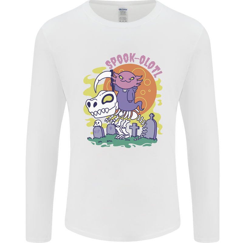 Spookolotl Funny Halloween Axolotl Grim Reaper Mens Long Sleeve T-Shirt White