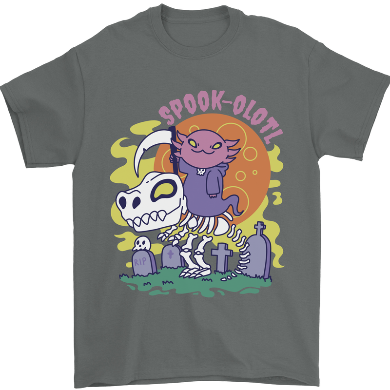 Spookolotl Funny Halloween Axolotl Grim Reaper Mens T-Shirt 100% Cotton Charcoal