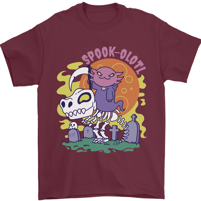 Spookolotl Funny Halloween Axolotl Grim Reaper Mens T-Shirt 100% Cotton Maroon