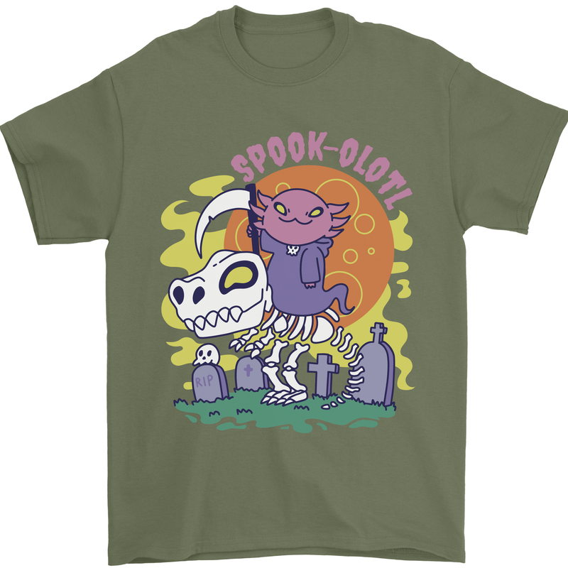 Spookolotl Funny Halloween Axolotl Grim Reaper Mens T-Shirt 100% Cotton Military Green