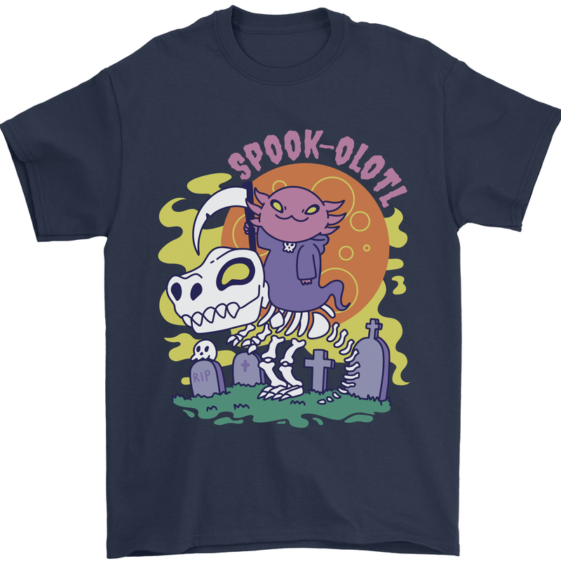 Spookolotl Funny Halloween Axolotl Grim Reaper Mens T-Shirt 100% Cotton Navy Blue