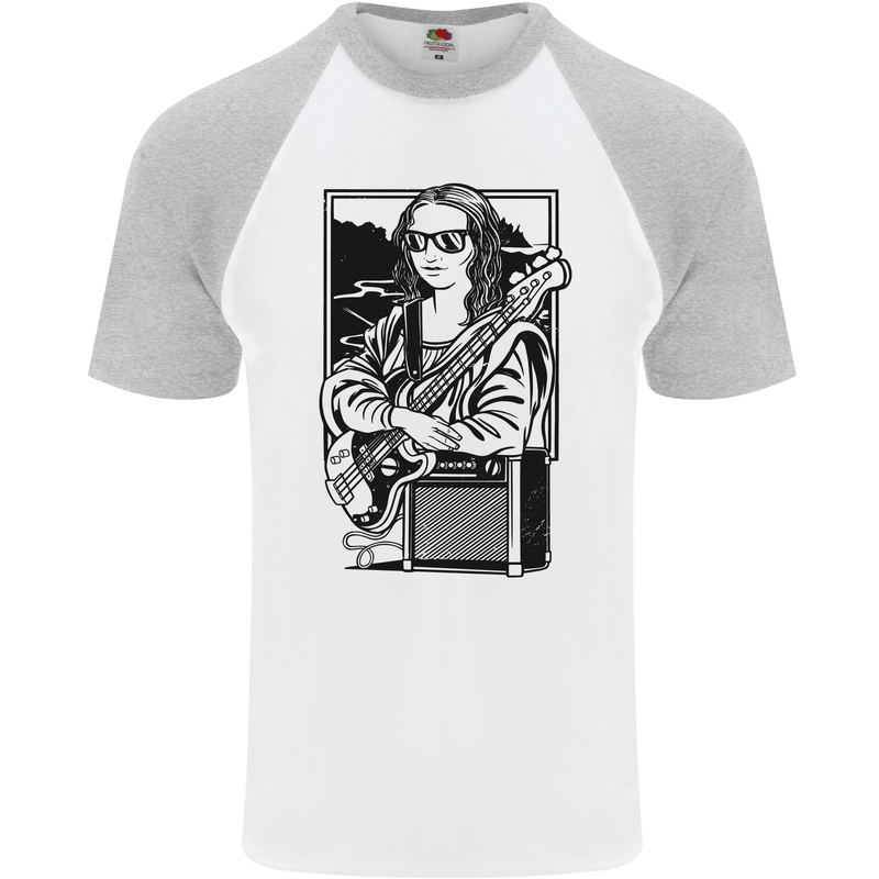 Electric Guitar Mona Lisa Rock Music Player Mens S/S Baseball T-Shirt White/Sports Grey