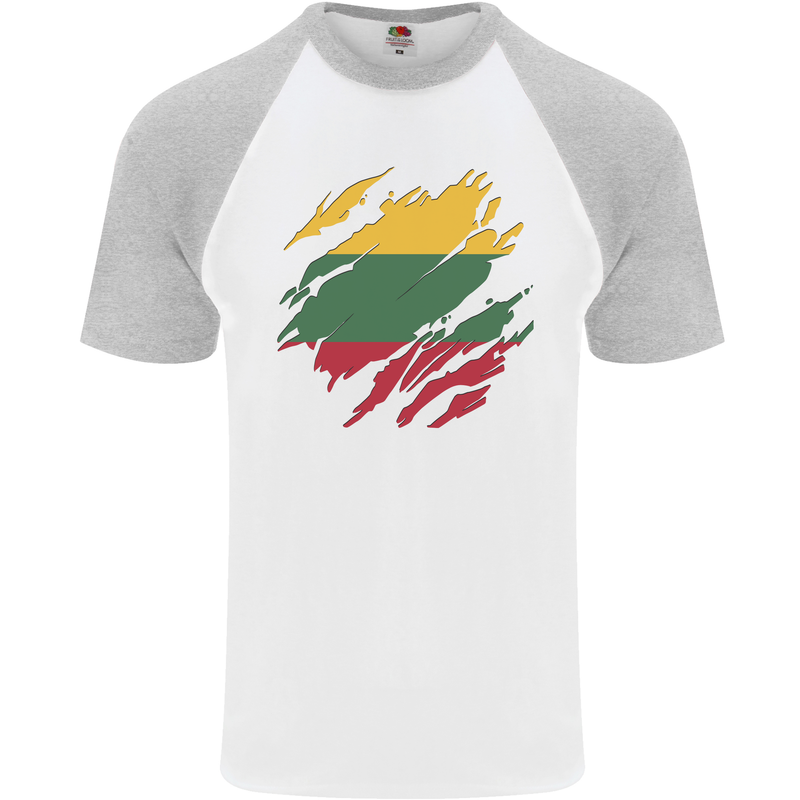 Torn Lithuania Flag Lithuania Day Football Mens S/S Baseball T-Shirt White/Sports Grey