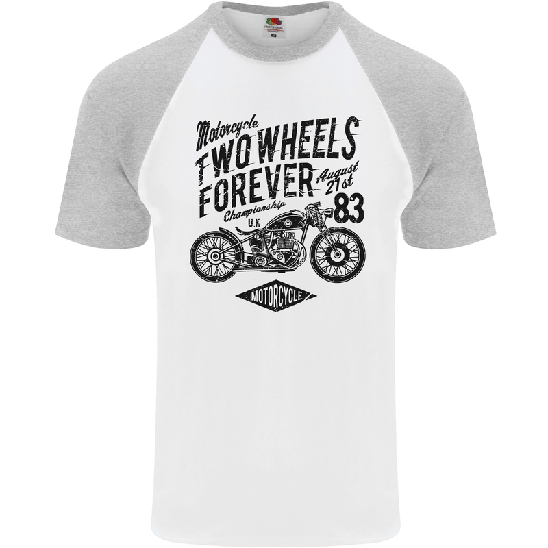 Two Wheels Forever Motorcycle Cafe Racer Mens S/S Baseball T-Shirt White/Sports Grey
