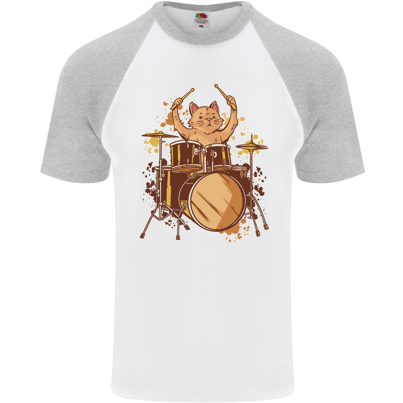 A Cat Drummer Drumming Mens S/S Baseball T-Shirt White/Sports Grey