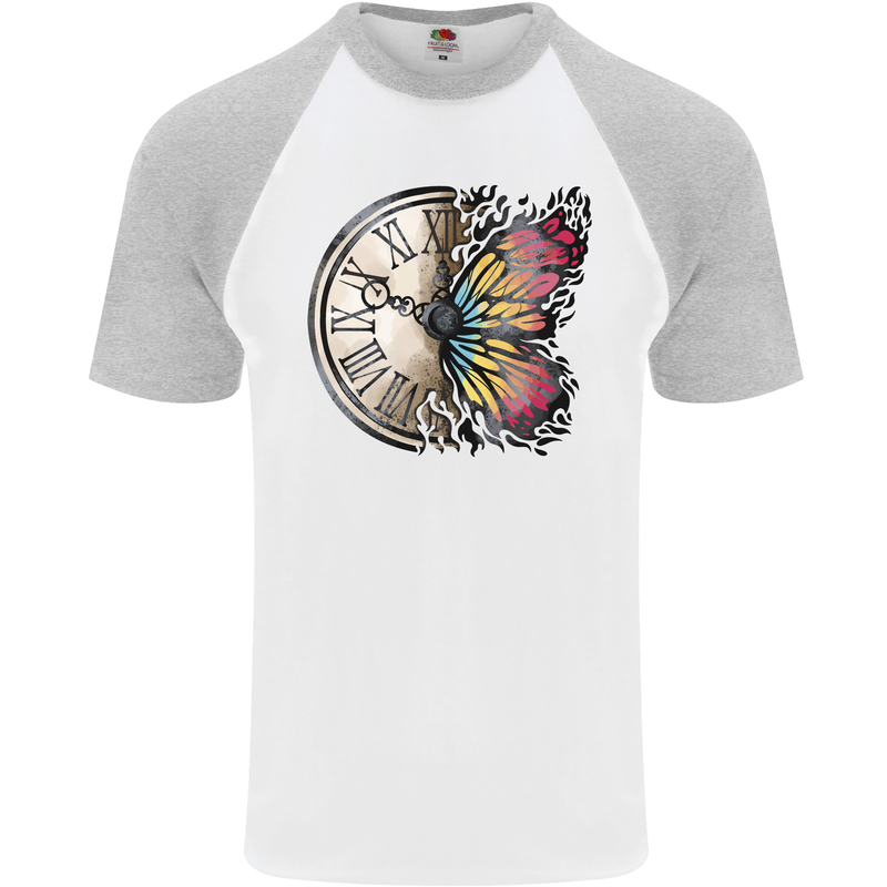 Butterfly Clock Mens S/S Baseball T-Shirt White/Sports Grey