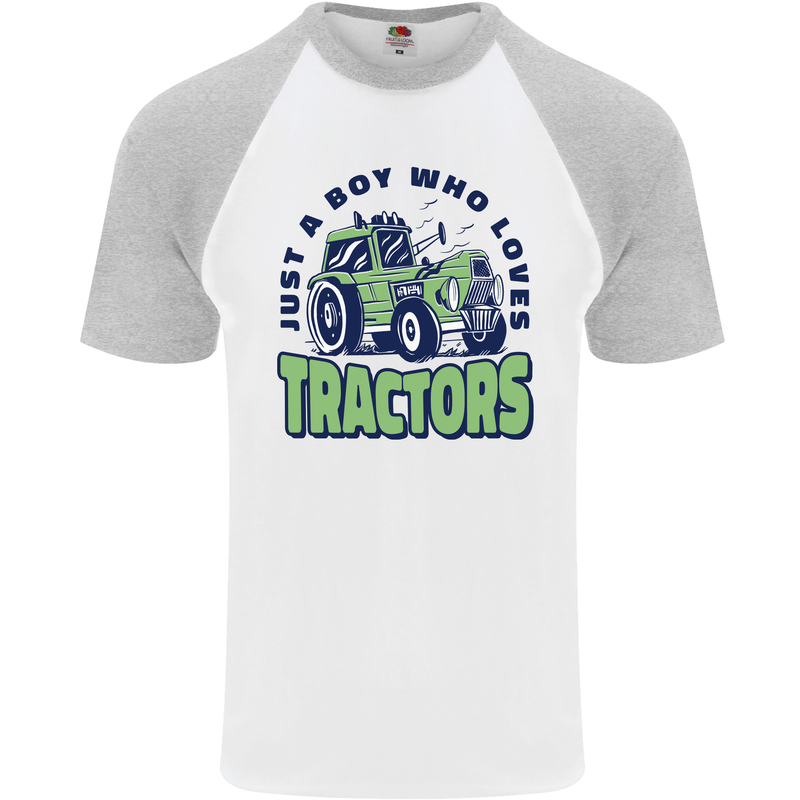 Just a Boy Who Loves Tractors Farmer Mens S/S Baseball T-Shirt White/Sports Grey
